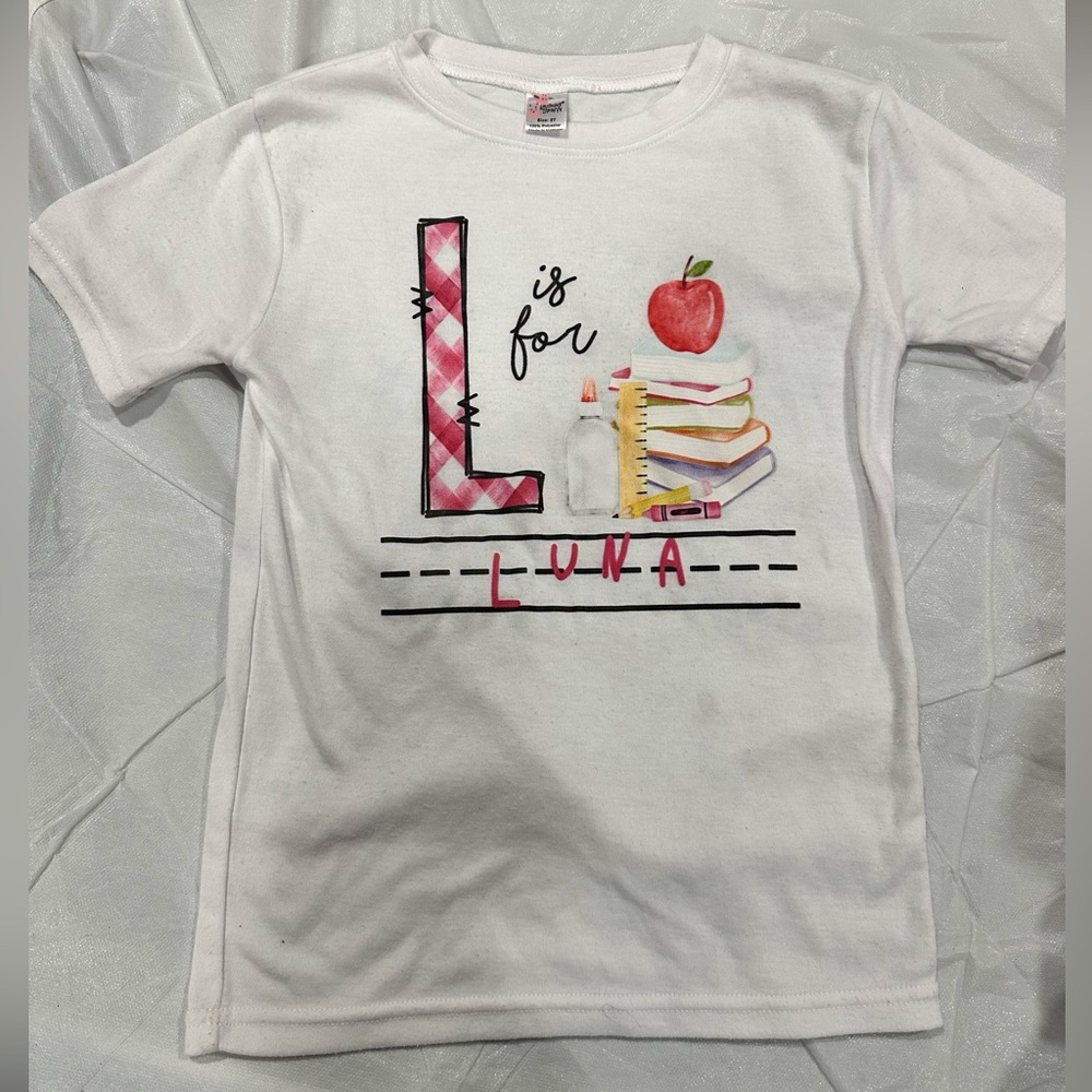 L is for Luna white graphic tee 5T short sleeve back to school custom shirt